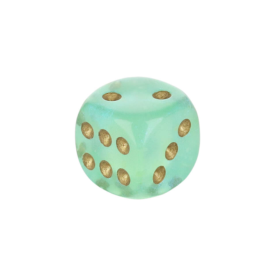 12mm Round Corner Mini Glow In The Dark Dice - Light Green With Gold Dots