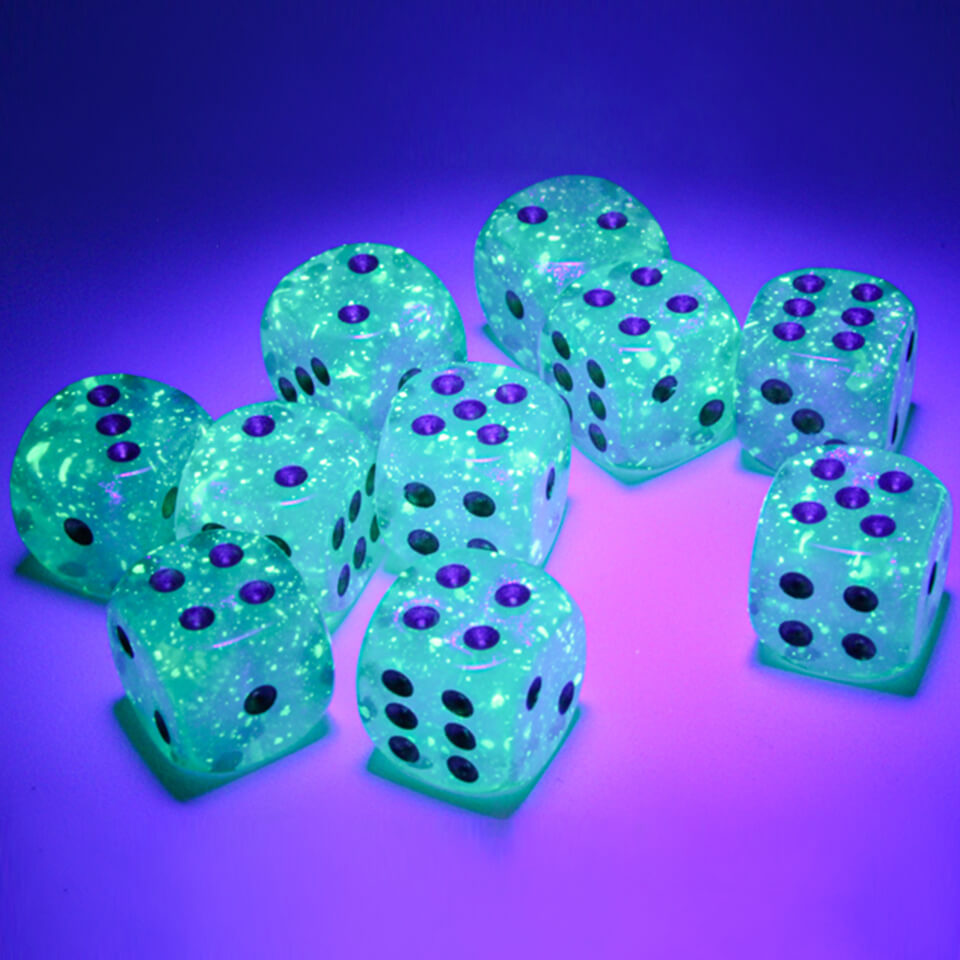 12mm Round Corner Mini Glow In The Dark Dice - Light Green With Gold Dots