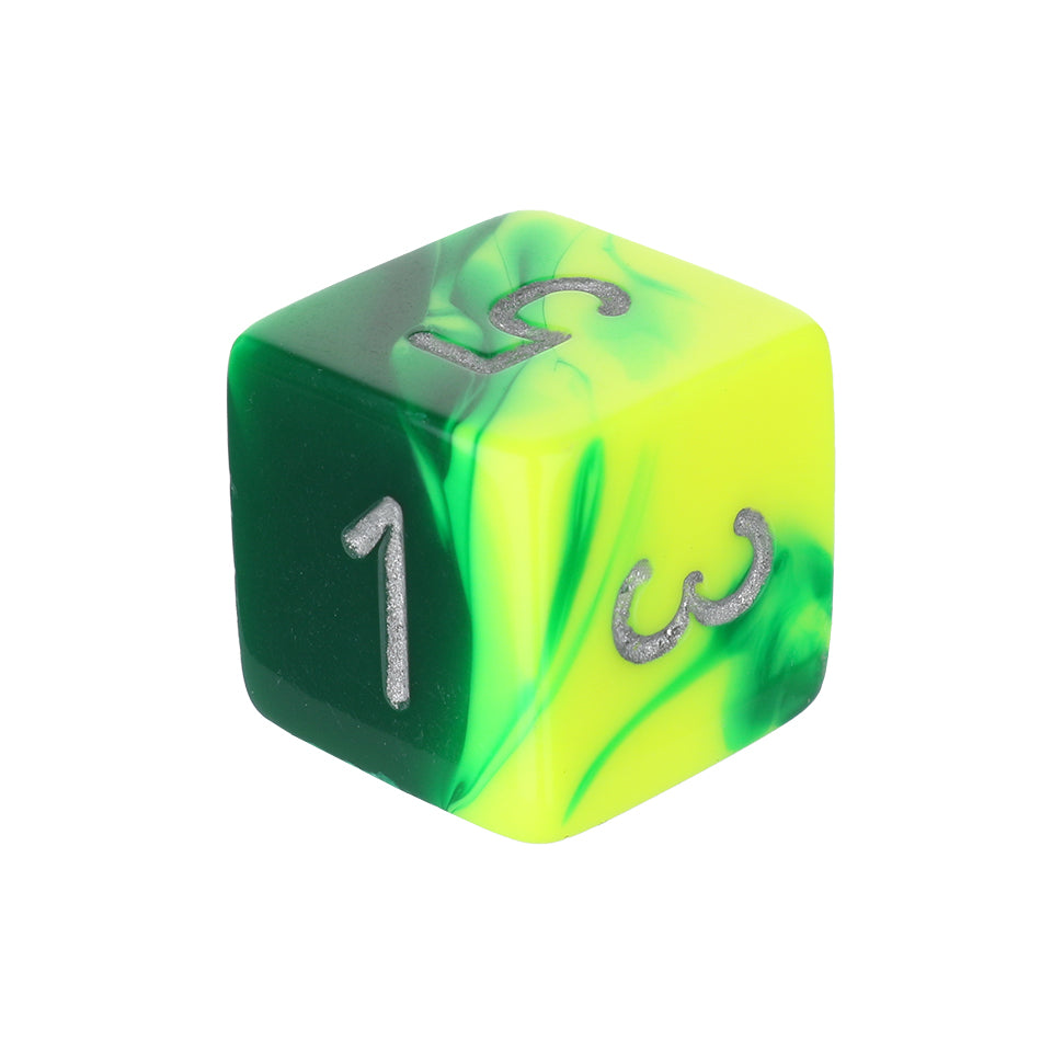 16mm Square Corner Swirl Dice - Green & Yellow With Silver Numbers