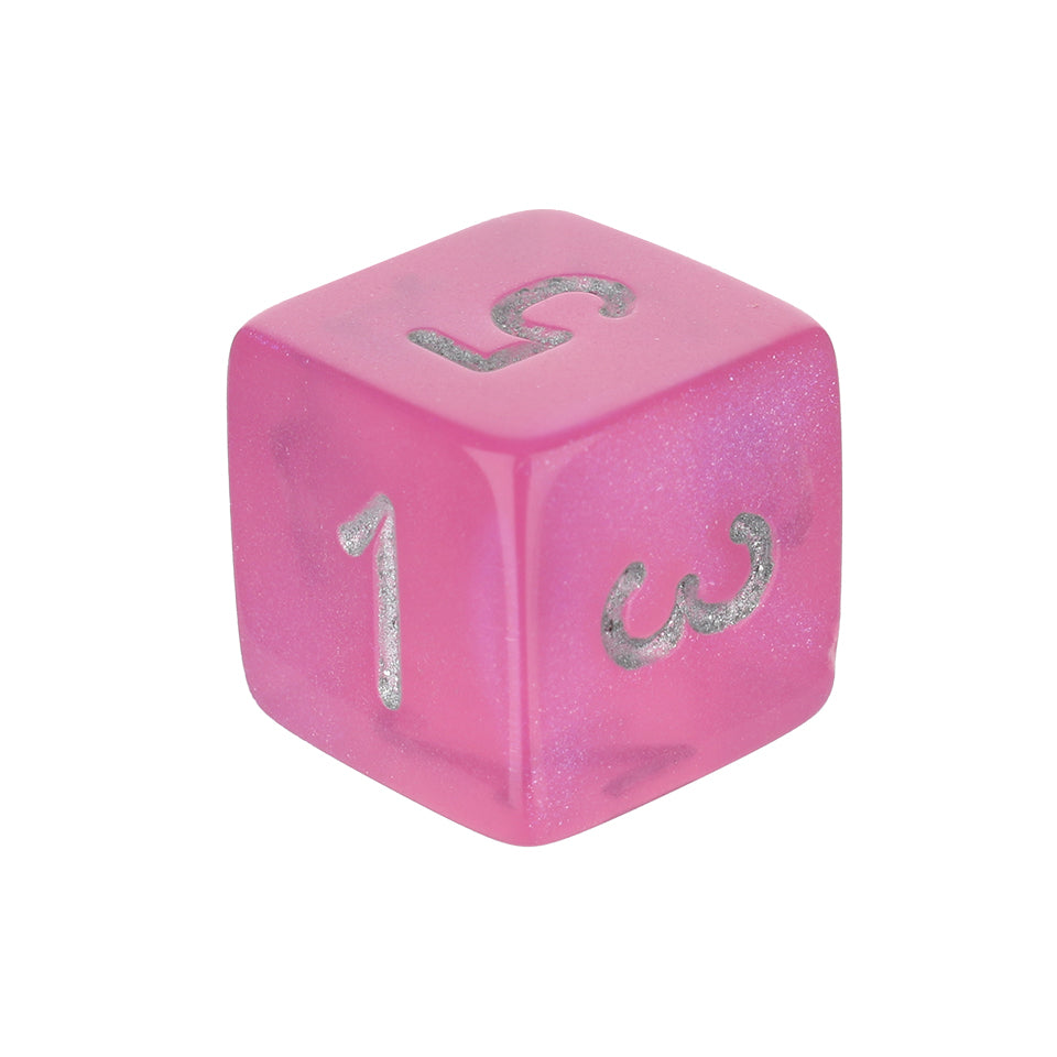 16mm Square Corner Translucent Glitter Dice - Pink With Silver Numbers