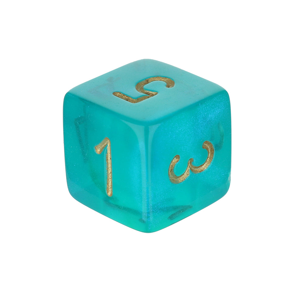 16mm Square Corner Translucent Glitter Dice - Teal With Gold Numbers