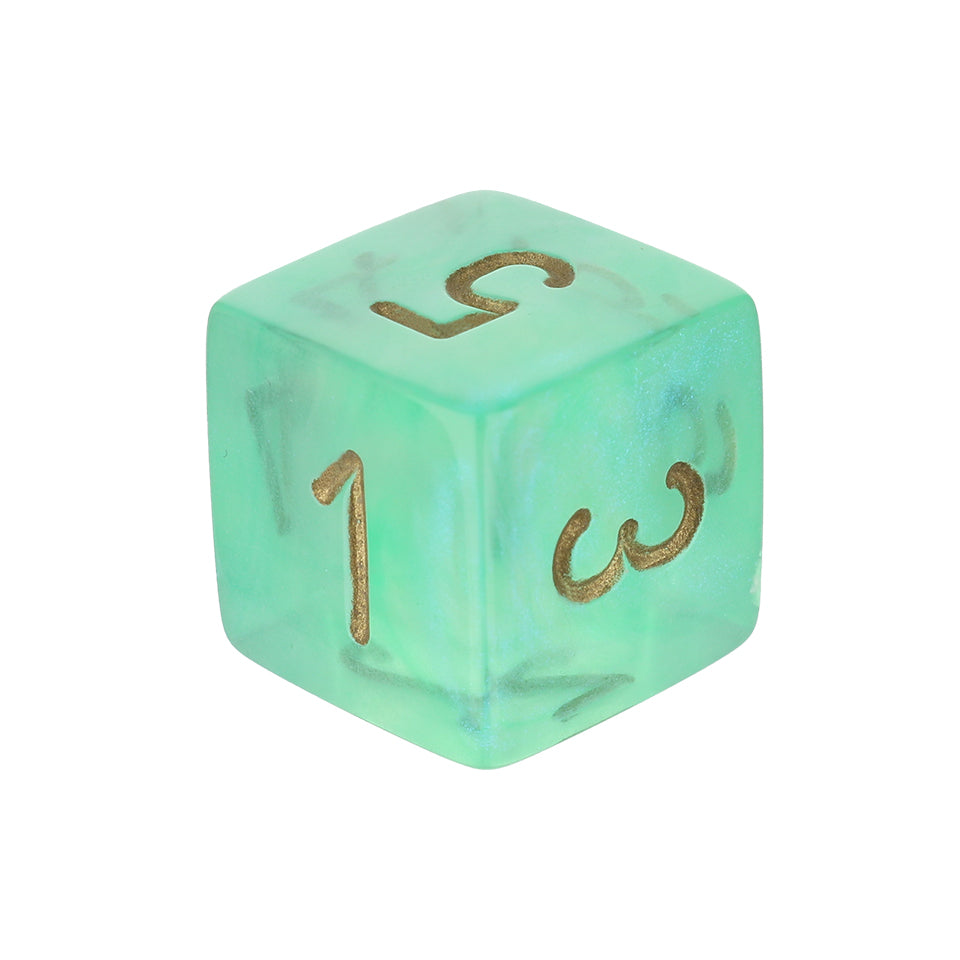 16mm Square Corner Translucent Glitter Dice - Light Green With Gold Numbers