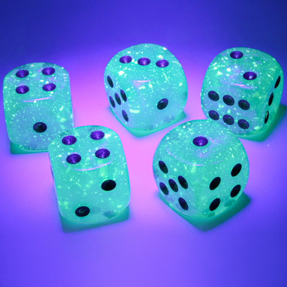 16mm Round Corner Glow in the Dark Dice - Light Green With Gold Dots