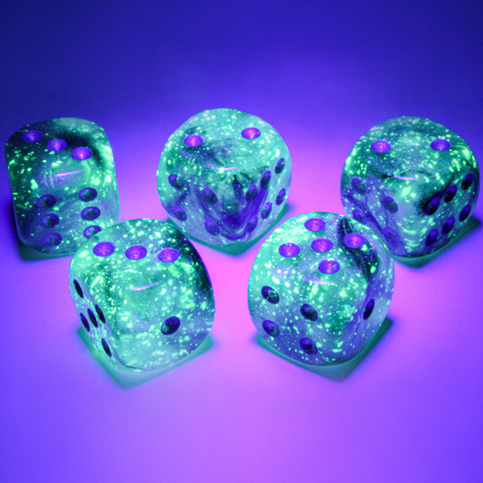 16mm Round Corner Glow in the Dark Dice - Smoke With Silver Dots