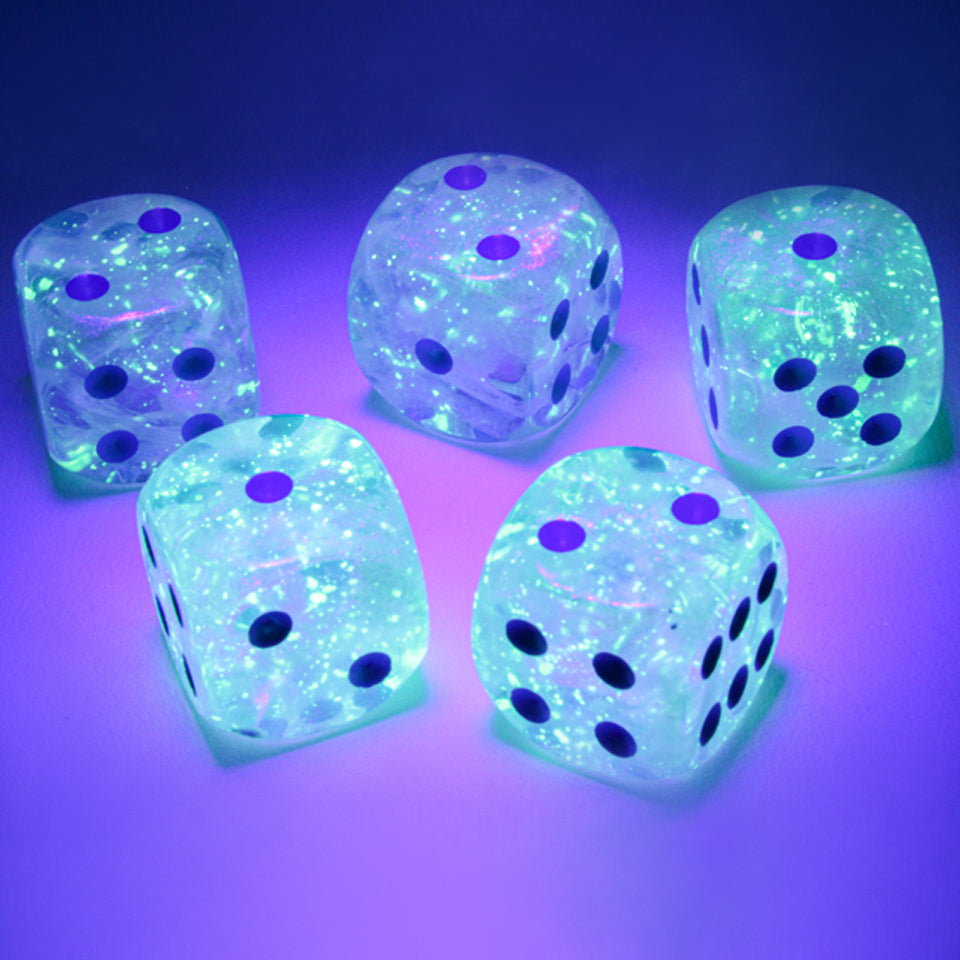 16mm Round Corner Glow in the Dark Dice - Icicle With Light Blue Dots