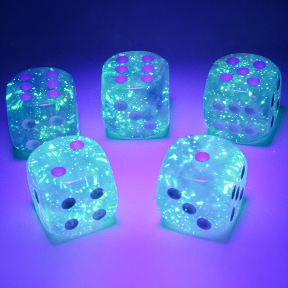 16mm Round Corner Glow in the Dark Dice - Sky Blue With White Dots