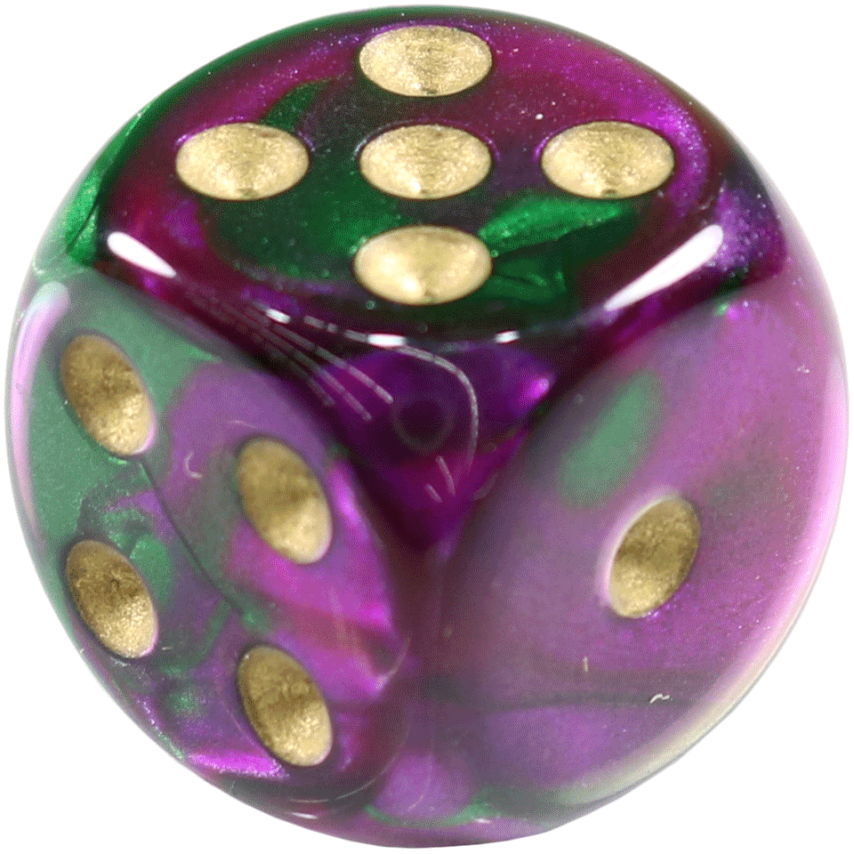 16mm Round Corner Deluxe Dice - Green & Purple With Gold Dots